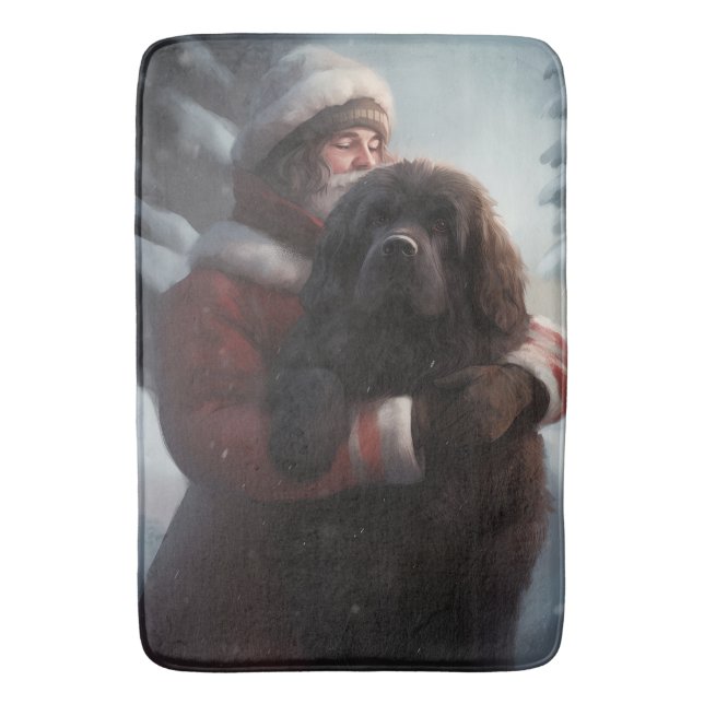 Newfoundland With Santa Claus Festive Christmas  Bath Mat (Front Vertical)