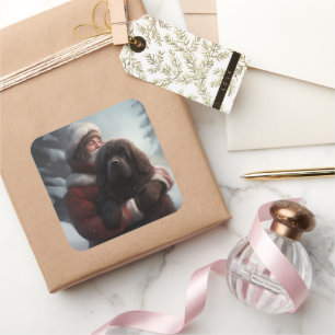 Newfoundland With Santa Claus Festive Christmas Square Sticker