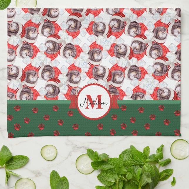 Newfypoo Pattern Monogram Christmas Dog Tea Towel (Folded)