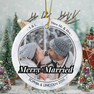 Newleyweds Typewriter Merry and Married Photo Xmas Ceramic Tree Decoration