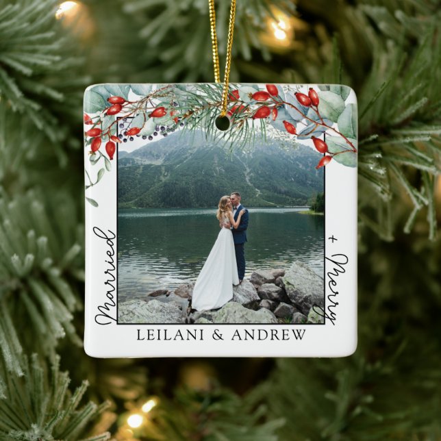Newly Christmas Photo and Watercolor Holly Ceramic Ornament (Tree)