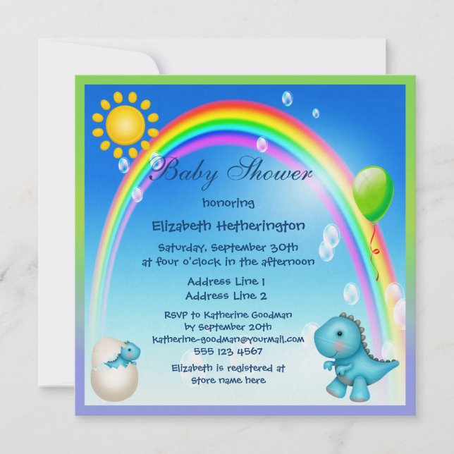 Newly Hatched Boy Dinosaur Rainbow Baby Shower Invitation (Front)
