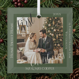 Newly Wed Couple's First Christmas New House Photo Glass Tree Decoration
