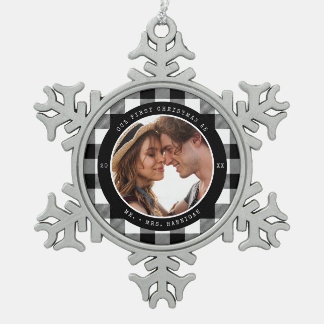 Newly Wed First Christmas Married Photo Keepsake  Snowflake Pewter Christmas Ornament (Front)
