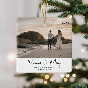 Newly Weds 1st Christmas Modern Photo Christmas Ceramic Ornament