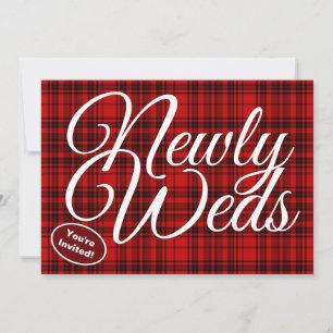 Newly Weds White Calligraphy Check Plaid black Red Invitation