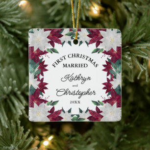 Newlywe First Christmas Married Poinsettias Ceramic Ornament