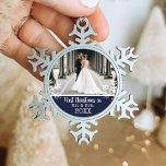 Newlywed 1st Christmas Photo Navy Blue Snowflakes Snowflake Pewter Christmas Ornament<br><div class="desc">Customise this ornament with your wedding day photo for this great Christmas keepsake.</div>