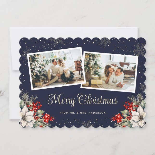 Newlywed 2 Photo Botanical Blue Merry Christmas Holiday Card (Front)