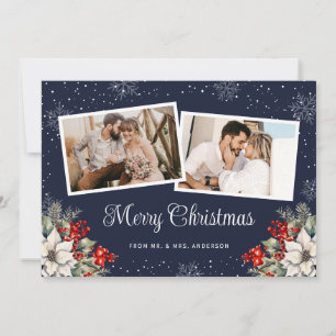 Newlywed 2 Photo Botanical Blue Merry Christmas Holiday Card