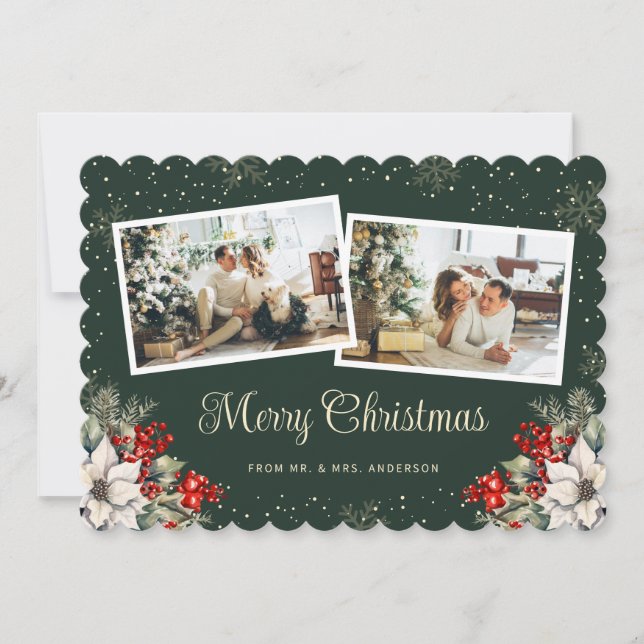 Newlywed 2 Photo Botanical Green Merry Christmas Holiday Card (Front)