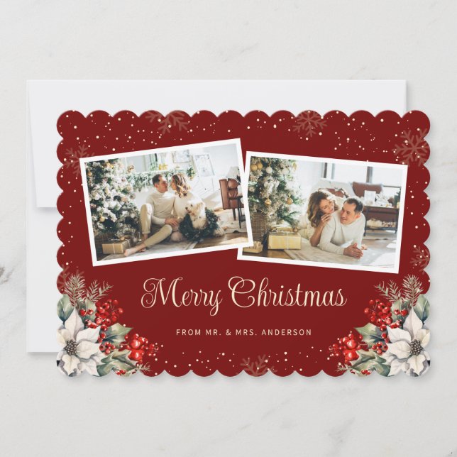 Newlywed 2 Photo Botanical Red Merry Christmas Holiday Card (Front)