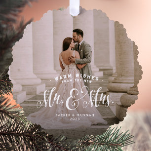 Newlywed 2 photo elegant green Christmas wedding  Tree Decoration Card