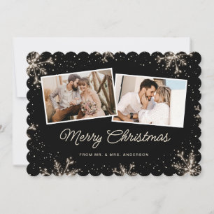 Newlywed 2 Photo Snowflake Black Merry Christmas Holiday Card