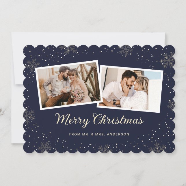 Newlywed 2 Photo Snowflake Blue Merry Christmas Holiday Card (Front)