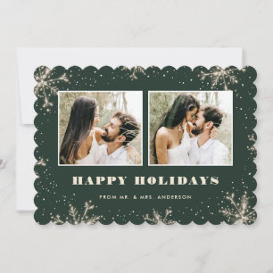 Newlywed 2 Photo Snowflake Green Holiday Card