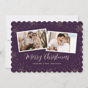 Newlywed 2 Photo Snowflake Purple Merry Christmas Holiday Card