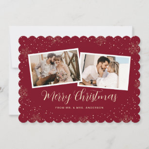 Newlywed 2 Photo Snowflake Red Merry Christmas Holiday Card