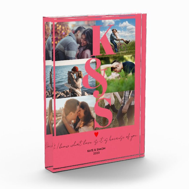 Newlywed Anniversary Couple Photo Collage Pink Block (Left)