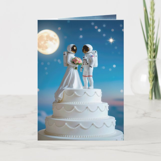 Newlywed Astronauts On a Wedding Cake Card (Front)