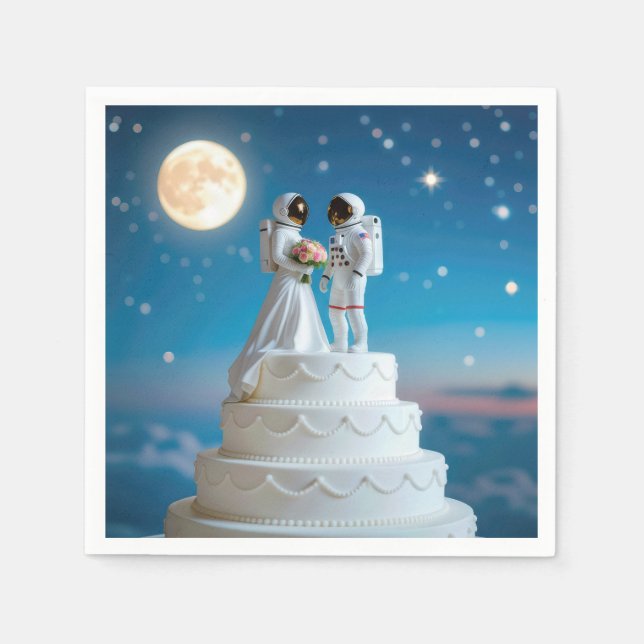 Newlywed Astronauts On a Wedding Cake Napkin (Front)
