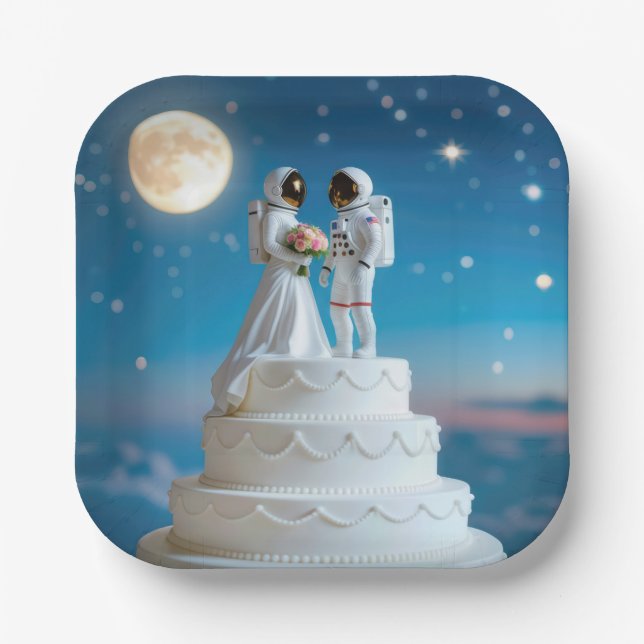 Newlywed Astronauts On a Wedding Cake Paper Plate (Front)