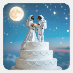 Newlywed Astronauts On a Wedding Cake Square Sticker