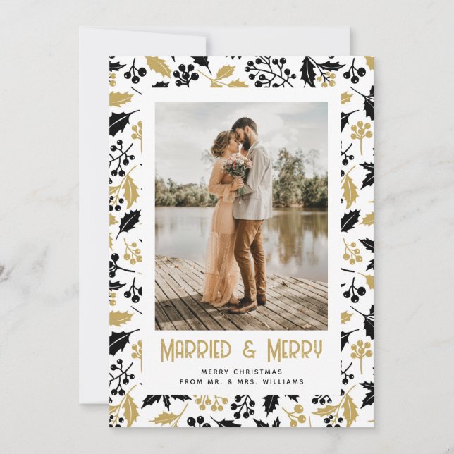 Newlywed Black Gold Holly Berries Photo Christmas Holiday Card (Front)