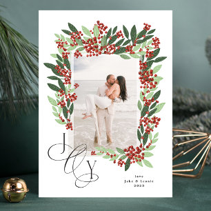 Newlywed Calligraphy JOY Floral Christmas Photo Holiday Card