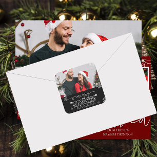 Newlywed Christmas Black Merry & Married Photo Square Sticker