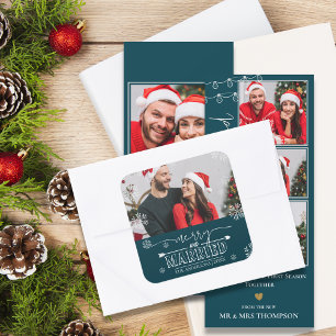Newlywed Christmas Green Merry & Married Photo Square Sticker