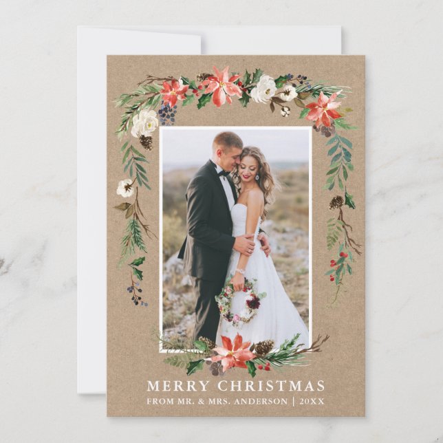 Newlywed Christmas Kraft Watercolor Winter Floral Holiday Card (Front)
