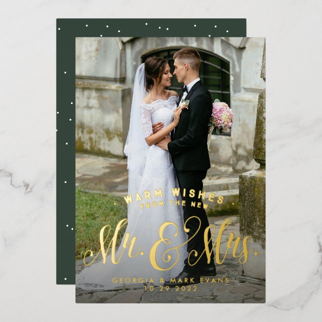 Newlywed Christmas Mr and Mrs 1 photo warm wishes Foil Holiday Card (Front/Back)