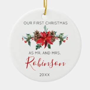 Newlywed Christmas Mr and Mrs red winter flowers Ceramic Tree Decoration