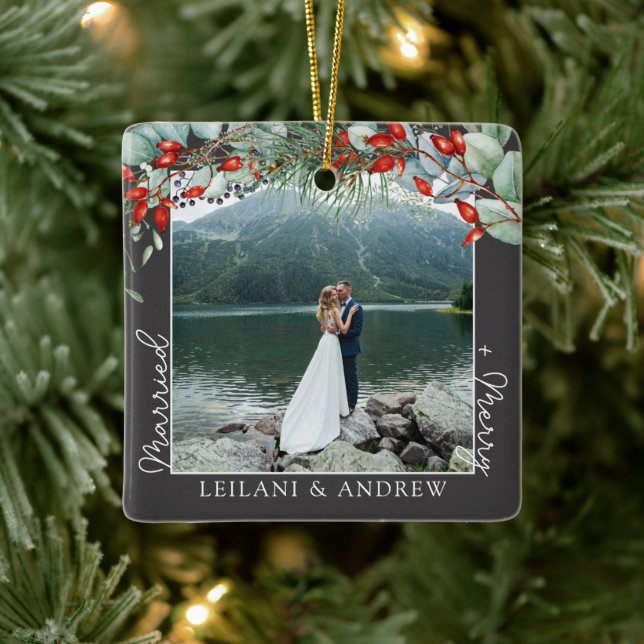 Newlywed Christmas Photo and Watercolor Holly Grey Ceramic Ornament (Tree)