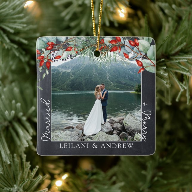 Newlywed Christmas Photo Holly Greenery Chalkboard Ceramic Ornament (Tree)