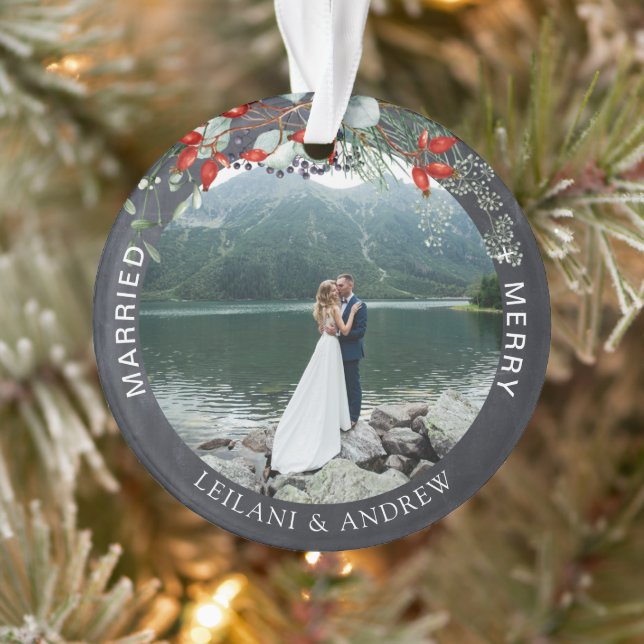 Newlywed Christmas Photo Holly Greenery Chalkboard Ornament (Tree)