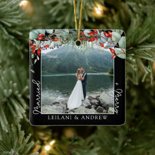 Newlywed Christmas Photo & Watercolor Holly Black Ceramic Ornament