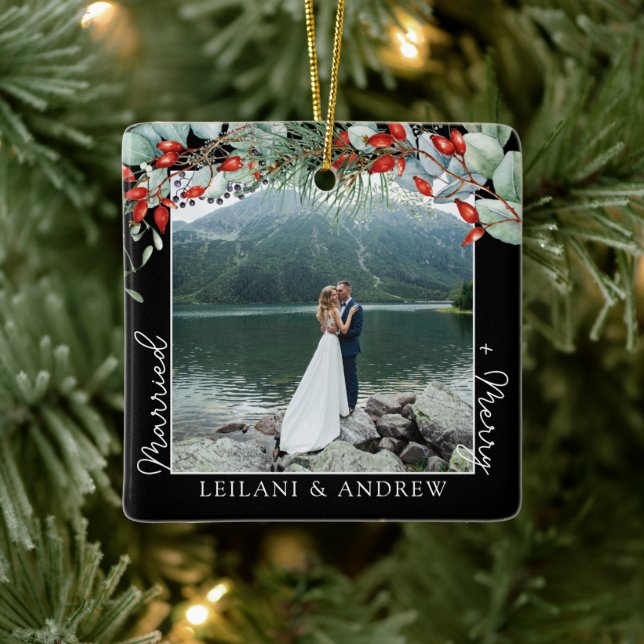 Newlywed Christmas Photo & Watercolor Holly Black Ceramic Ornament (Tree)