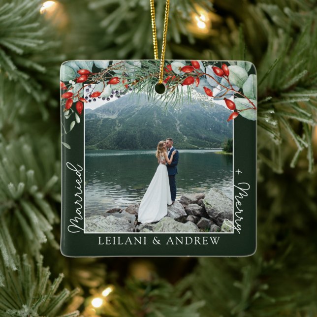 Newlywed Christmas Photo Watercolor Holly Green Ceramic Ornament (Tree)