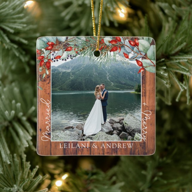Newlywed Christmas Photo Watercolor Holly Rustic Ceramic Ornament (Tree)