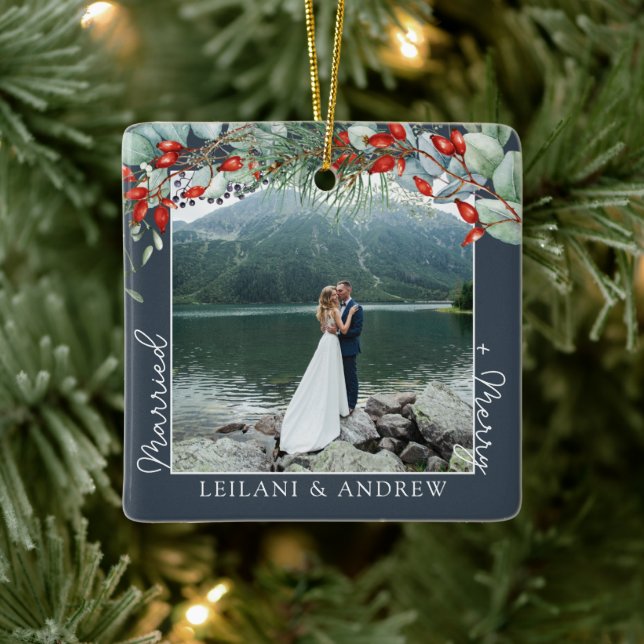 Newlywed Christmas Photo Watercolor Holly Slate Ceramic Ornament (Tree)