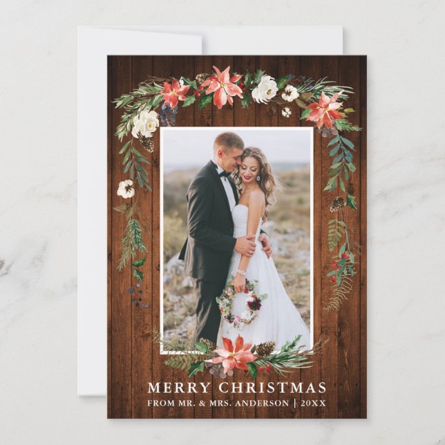 Newlywed Christmas Wood Watercolor Winter Floral Holiday Card (Front)