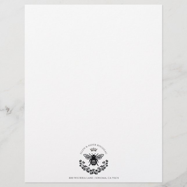 Newlywed Couple Bee Crown Laurel Name Logo Custom Letterhead (Front)