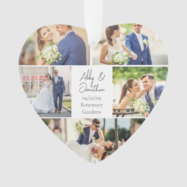 Newlywed Couple Wedding Photo Collage Heart Shaped Ornament (Front)