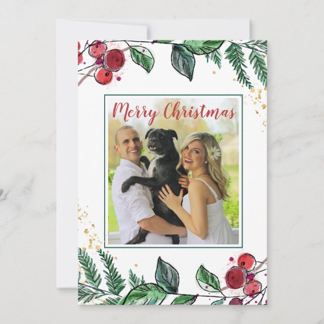 Newlywed Couple With Dog Photo Floral  Christmas (Front)