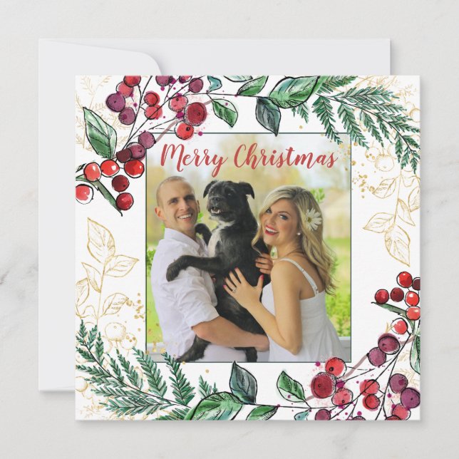 Newlywed Couple With Dog Photo Floral  Christmas (Front)