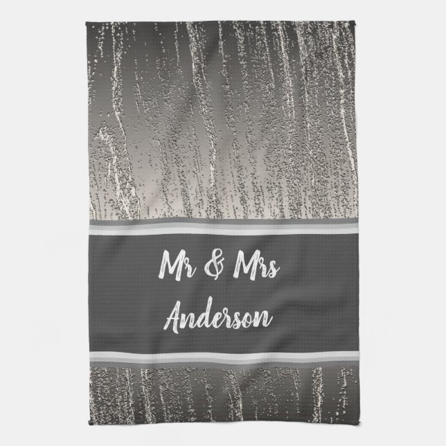 Newlywed Couples Names Elegant Silver Stripes Tea Towel (Vertical)