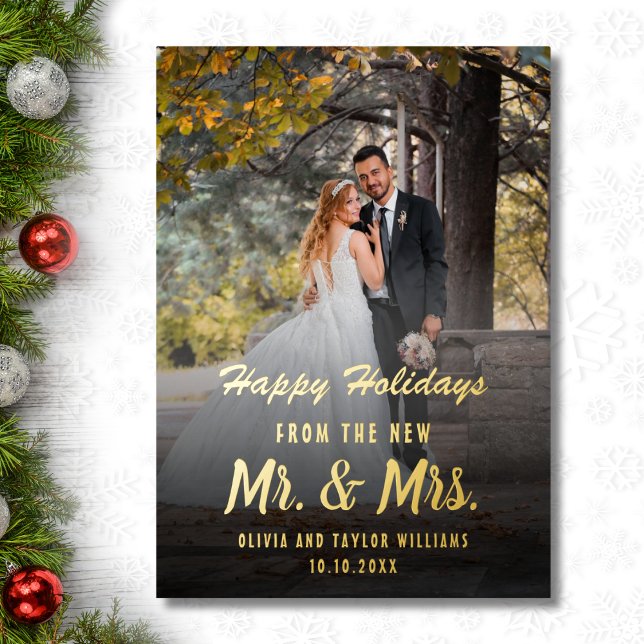 Newlywed Custom Photo Mr And Mrs First Christmas Foil Holiday Card (Creator Uploaded)
