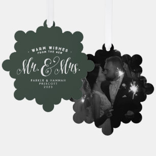 Newlywed elegant green one photo Christmas Tree Decoration Card